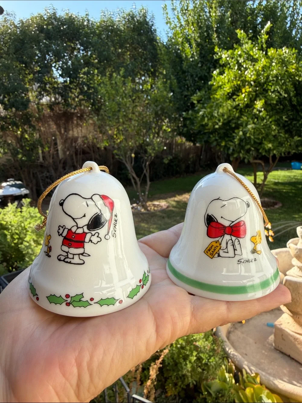 Vintage Peanuts Snoopy & Woodstock Ceramic Christmas Bell Ornament.1975-1976.